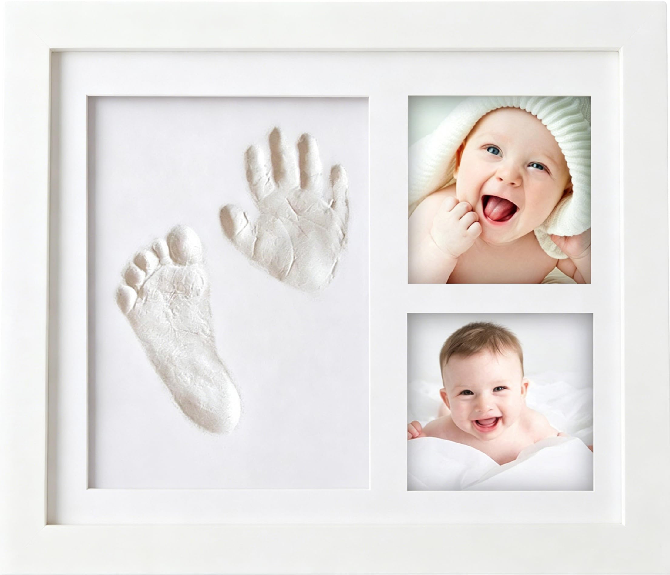 Kit Impronte Mani e Piedi Neonato, Argilla Sicura, Cornice Ricordo in Legno Massello, Regalo Baby Shower e Natale Bianco