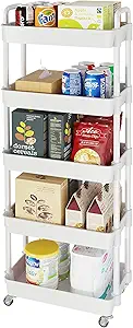 Laiensia 5-Tier Rolling Cart with Wheels, Multifunction Utility Storage Organizer, Mobile Shelving Unit for Kitchen, Bathroom, Laundry, White