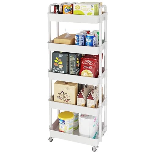 Laiensia 5-Tier Rolling Cart with Wheels,Multifunction Utility Storage Carts, Kitchen Storage Organizer,Mobile Shelving Unit for Bathroom,Laundry,with Classified Stickers,White