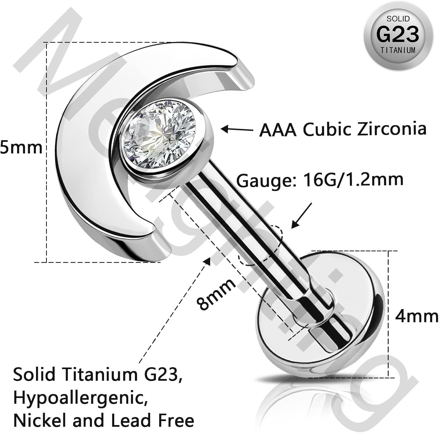 Melighting Titanium Cartilage Earring Internally Threaded 16G Moon Helix Piercing Jewelry Clear CZ Titanium G23 Flat Back Earring Labret Jewelry 8mm - Image 6