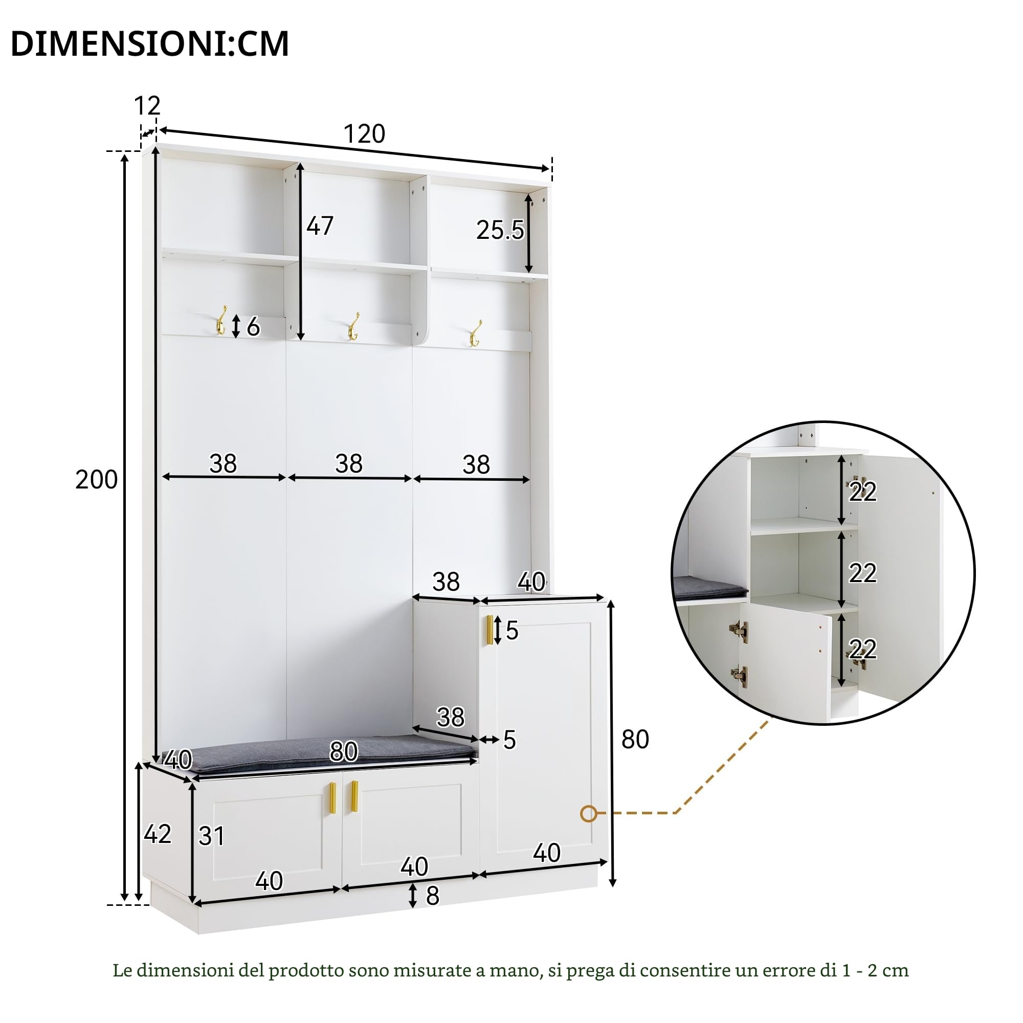 Set appendiabiti con panca e scarpiera, appendiabiti con 3 ganci sospesi e spazio aperto, multifunzionale, rettangolare, per corridoio, H200/B120/T40 cm