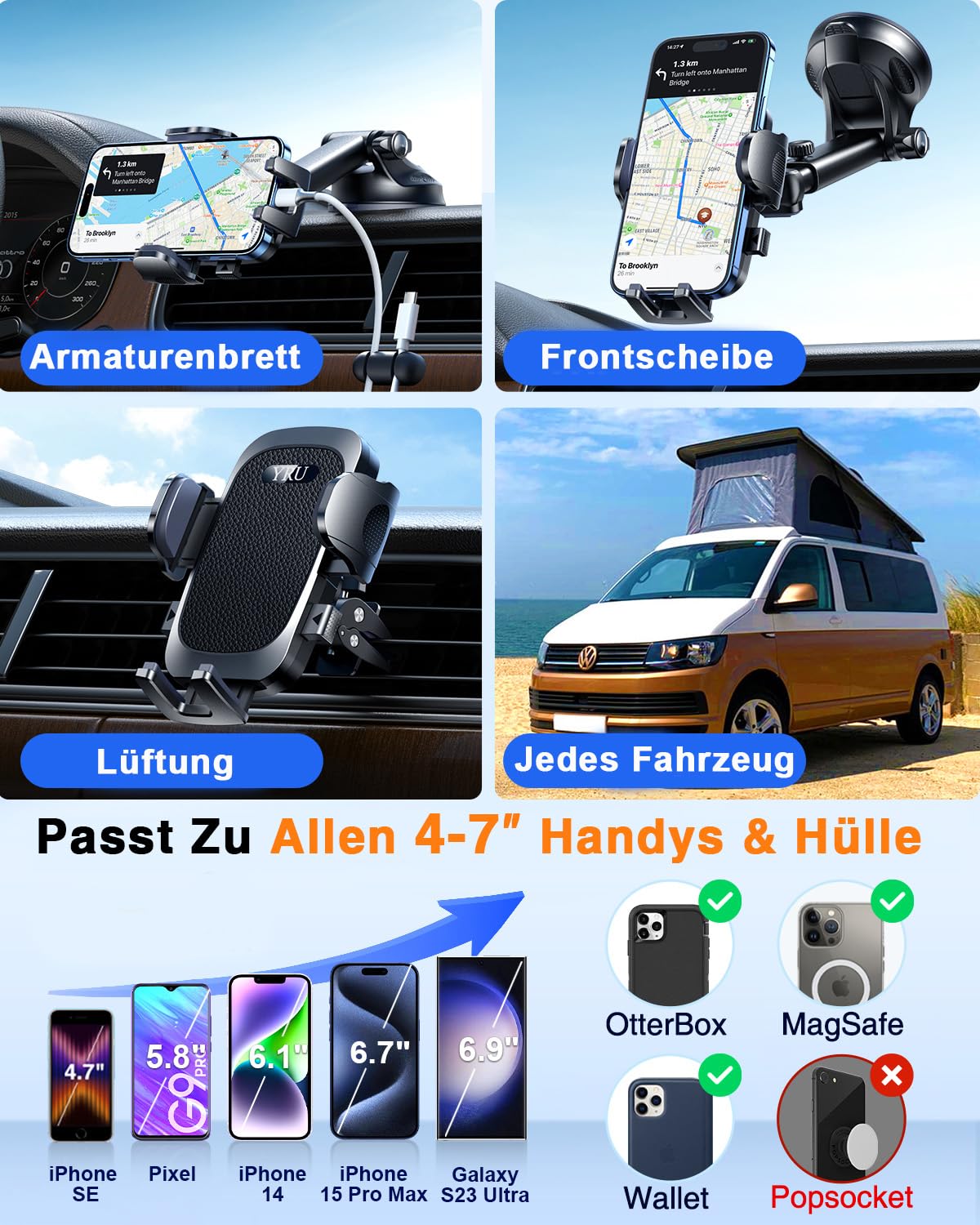 【2026 Militär-Klasse】Handyhalterung Auto Upgrade【Stärkst Saugnapf & Lüftungsclip】Handy Halterung Auto 360°Handyhalter Auto auf Armaturenbrett Scheibe für iPhone 17 16 15 14 13 Pro Max usw,Mattschwarz