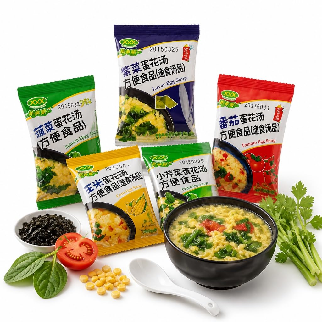 50 Paquetes De Sopa Instantánea Sabores Mixtos (8 G/bolsa): Algas, Tomate, Espinacas, Maíz, Huevo Apio - Disolución Rápida, Portátil For Oficina, Camping, Desayuno