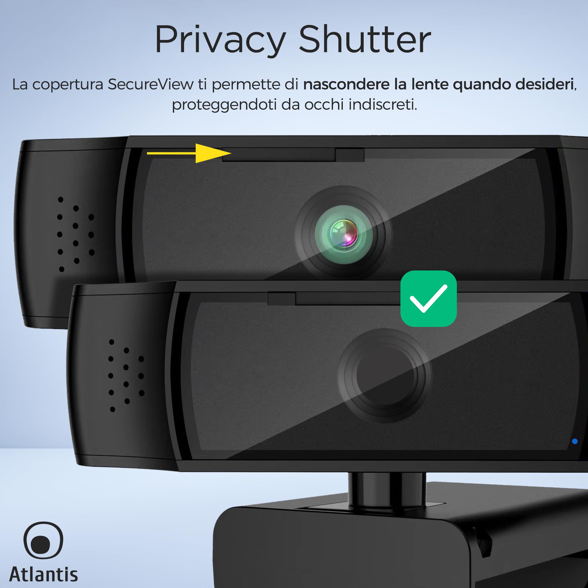 ATLANTIS Webcam 2K, 5 Mpixel 2560x1944/30fps e Full HD, fuoco automatico autofocus, Doppio Microfono Omidirezionale, bilanciamento del bianco, angolo vis 90°, adatta per videochiamate, USB,P015-U965HD