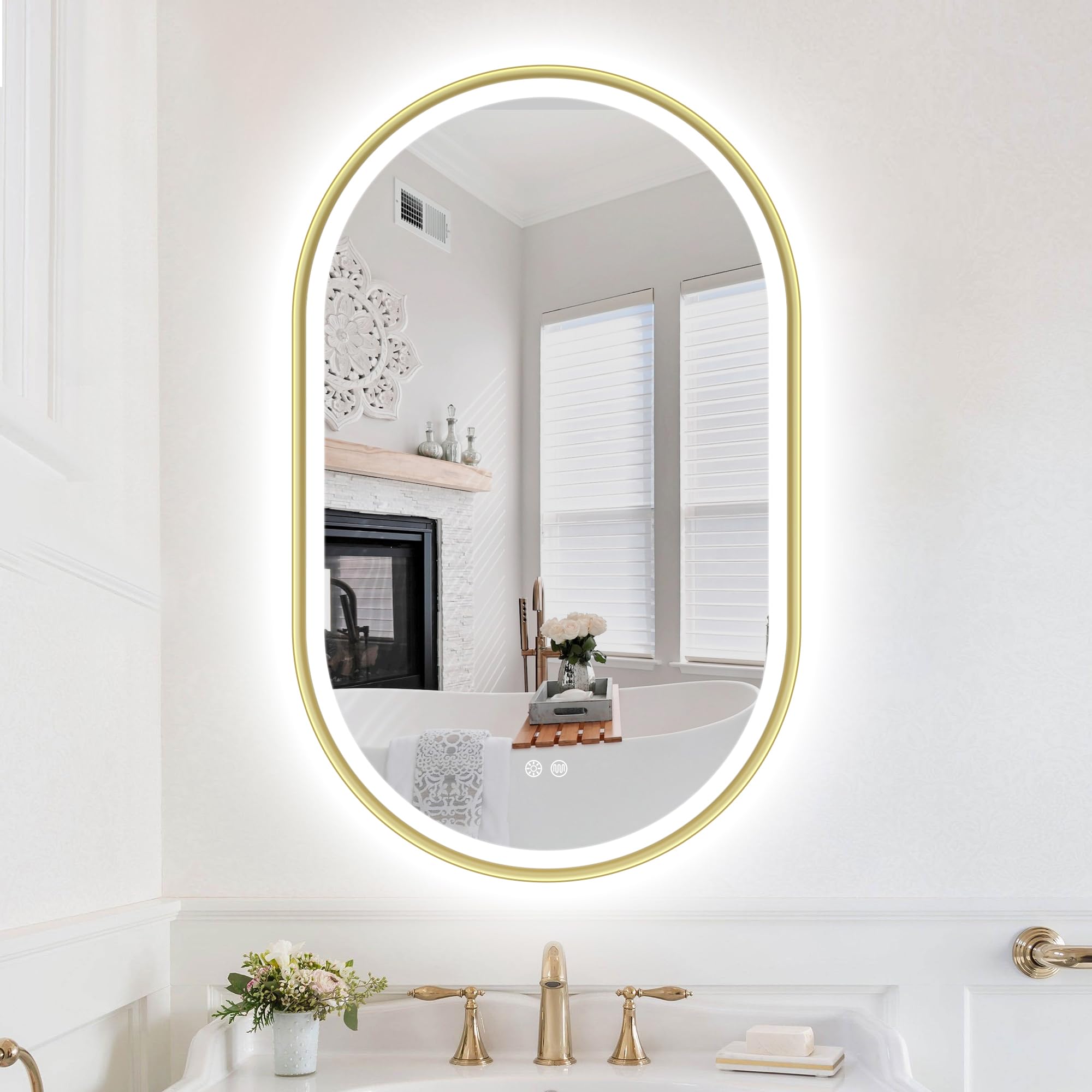S'bagno Oval Bathroom Mirror with LED Lights 50x80cm, Illuminated LED Bathroom Mirror with Aluminum Frame, Anti-Fog, 3000-6500K, Memory Function, IP44 Waterproof, Horizontal/Vertical, Golden — image 1