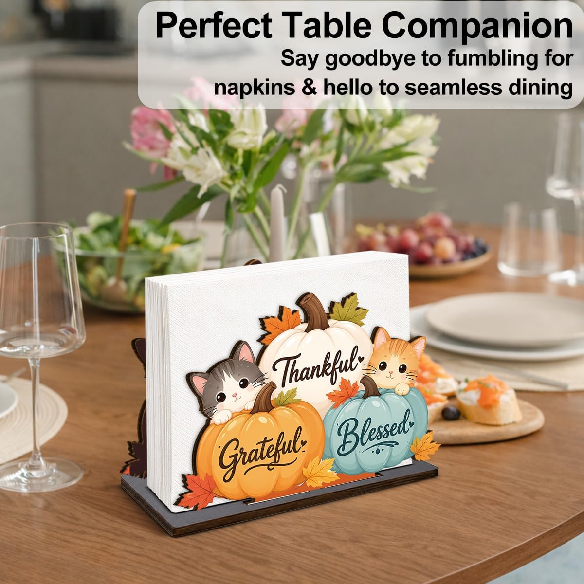 Fall Decor Cute Pumpkin Cat Wooden Napkin Holder for Table Autumn Thankful Pumpkin Wood Napkin Dispenser Thanksgiving Fall Decorations for Home Kitchen Dining Room Napkins Tissue Holder
