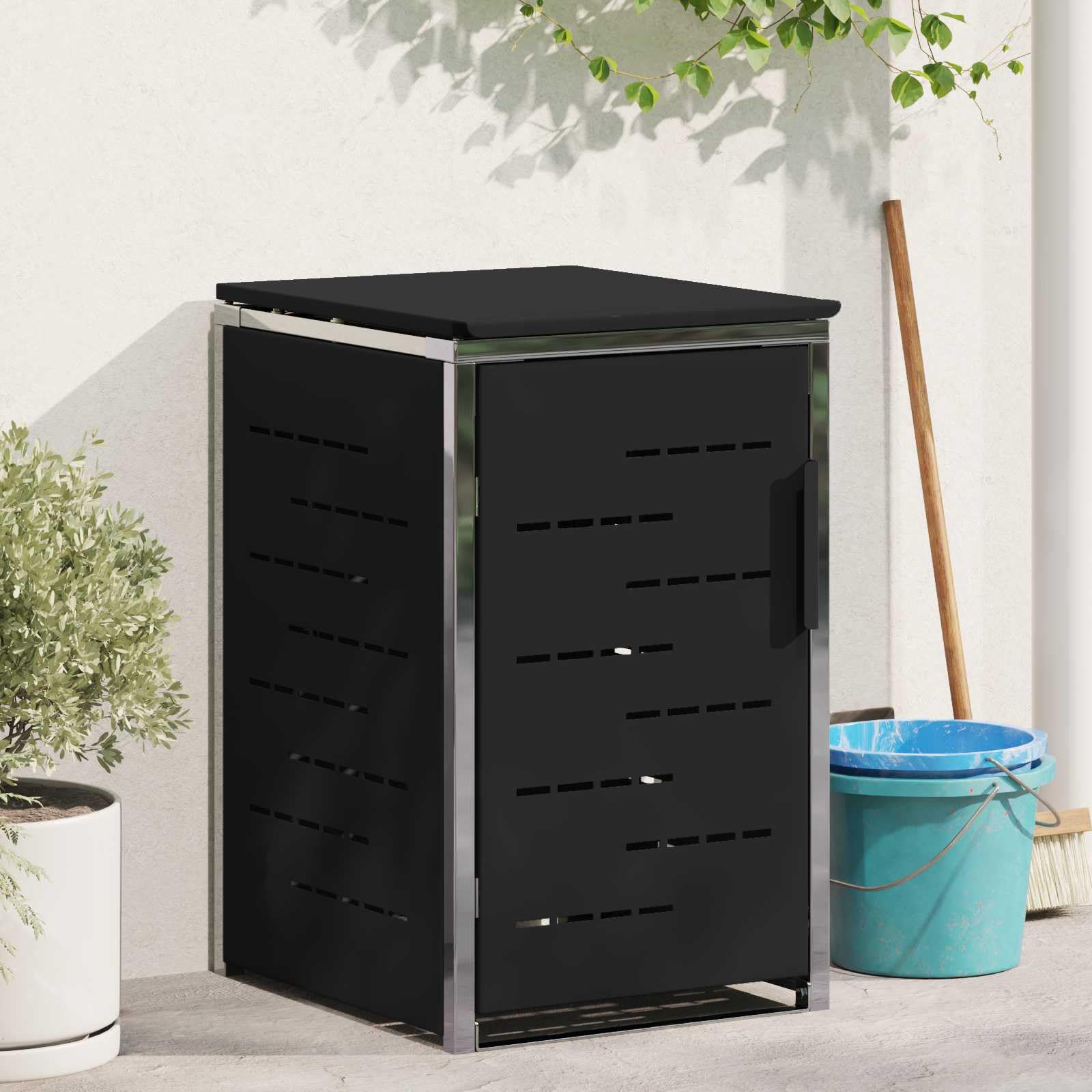 Mülltonnenbox 240L Schwarz Erweiterbar | Soft-Close Deckel, Magnetverschluss, Lüftungspanels, Kabelverbindung für Außenbereich