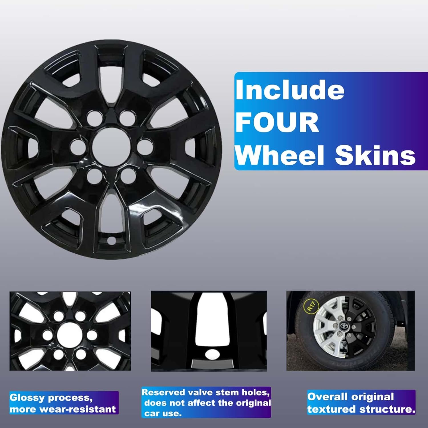 Wheel Skins Compatible with Toyota Tacoma 2024-2025; Glossy Black Wheel Covers; Set of 4 Packs；17-inch
