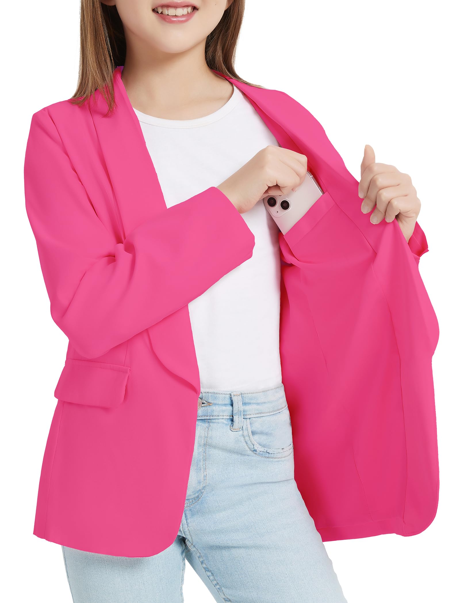 EXARUS Mädchen-Blazer-Jacke, Teenager-Anzug, langärmelig, Schalkragen, formelle Blazer, offene Vorderseite, Innentasche für Kinder von 6–12 Jahren