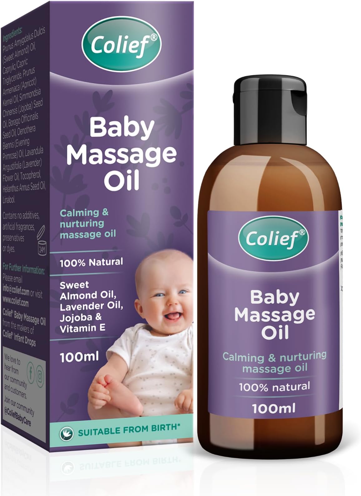 Colief Baby Massage Oil | Soothing Oil For Infants | Made With 100% Natural Ingredients Including Sweet Almond Oil, Lavender Oil, Jojoba & Vitamin E | Suitable For Babies 3+ Months | 3.38 Fl. Oz