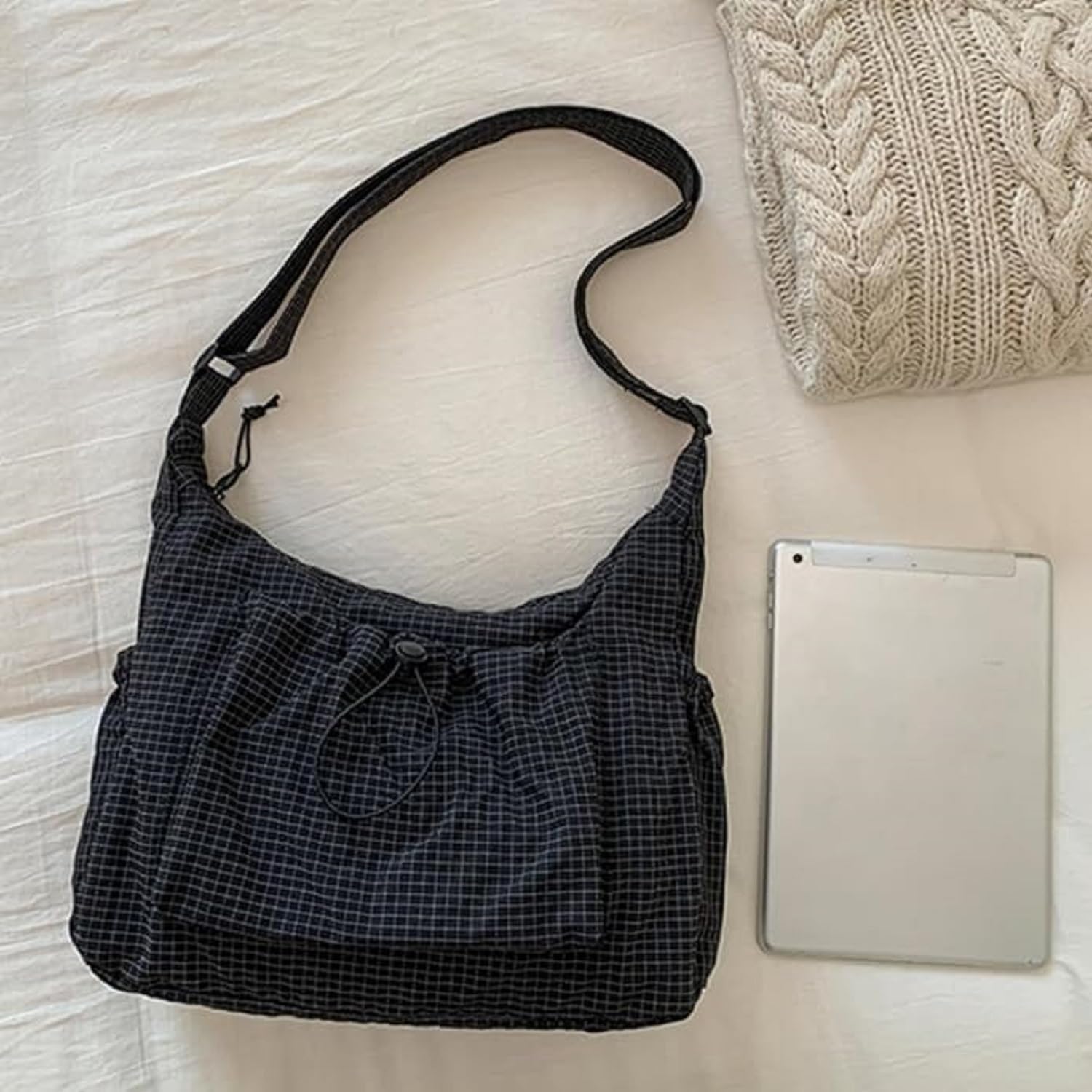 Korean Style Plaid Casual Shoulder Bag, Cotton Quilted Fabric, Lightweight Checkered Crossbody Bag with Adjustable Strap - Image 4