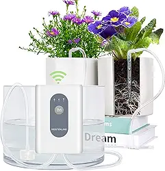 moistenland Regador Automático de Plantas Wi-Fi, Kit de Irrigação por Gotejamento Automático Diy para 15 Vasos de Plantas, Modo de Rega Automático e Manual e Retardado/Alerta de Escassez de Água/Regis