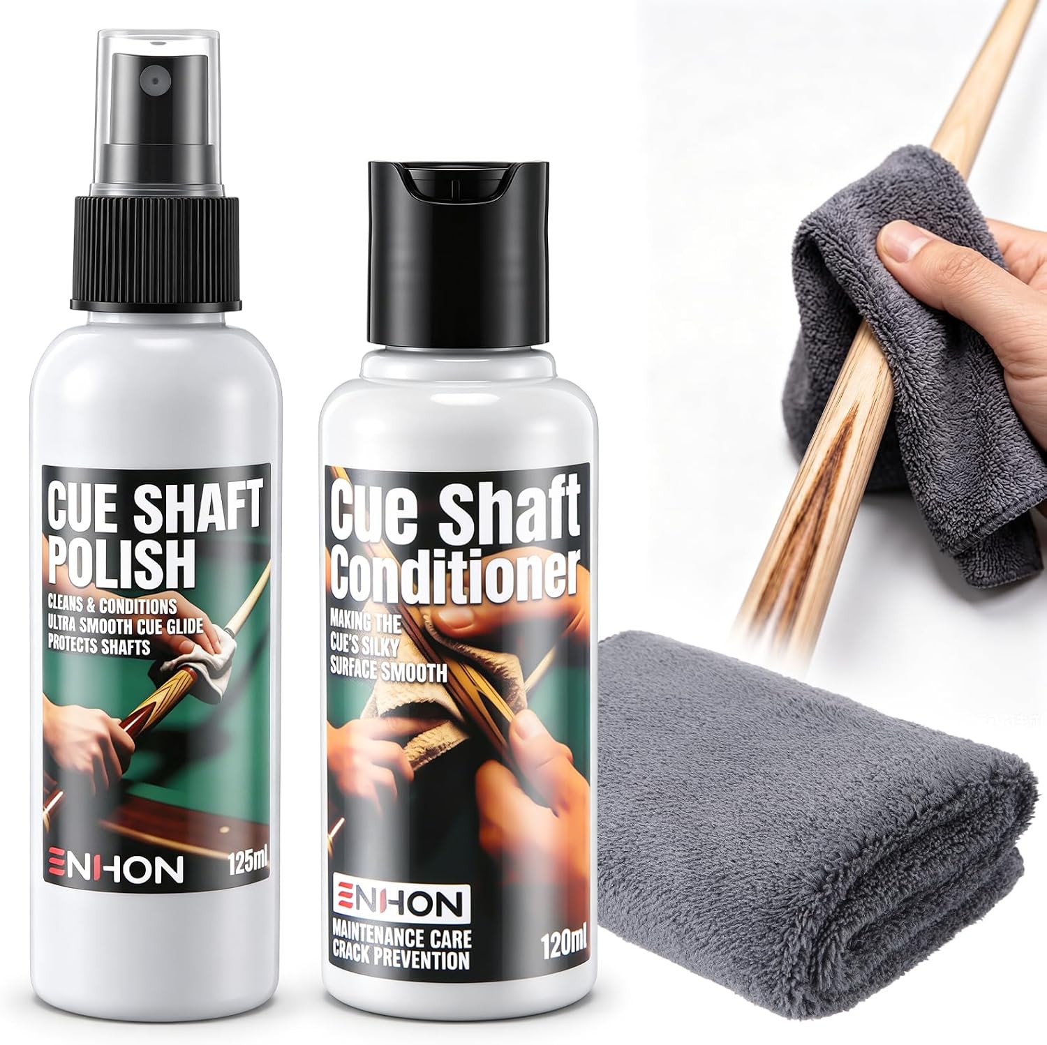 Pool Cue Shaft Cleaner Polish and Conditioner Kit, Cleaner Removes Dirt Chalk Sweat with Billiard Towel, Conditioner Restores Smooth Glossy Finish and Extends Cue Life, for Wood & Carbon Fiber Cues