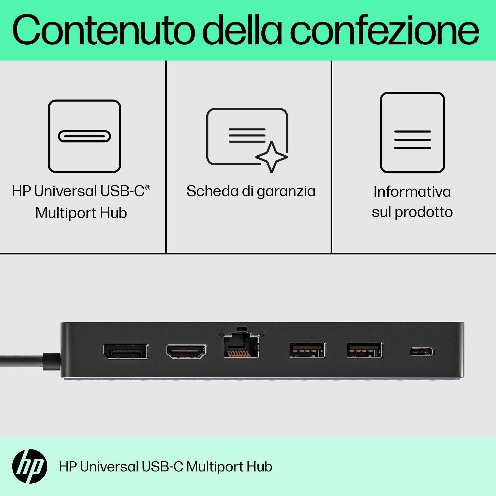 HP Hub Multi porta USB-C Universale, Compatibile con PC dotati di Porta USB-C, Power Delivery e DisplayPort, Nero