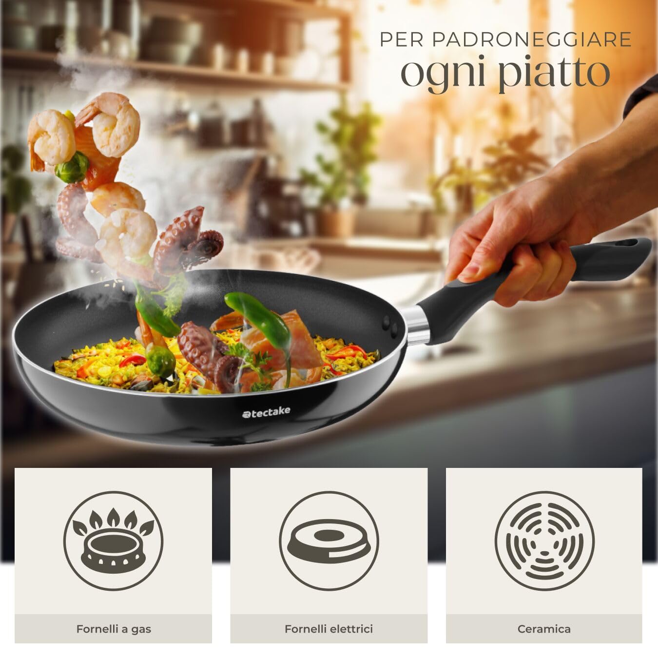 tectake® Set di Pentole Antiaderenti 15 Pezzi, Batteria di Pentole e Padelle in Alluminio Robusto, Coperchi in Vetro con Foro di Sfiato, Batteria Pentole con Manici Resistenti al Calore - Nero