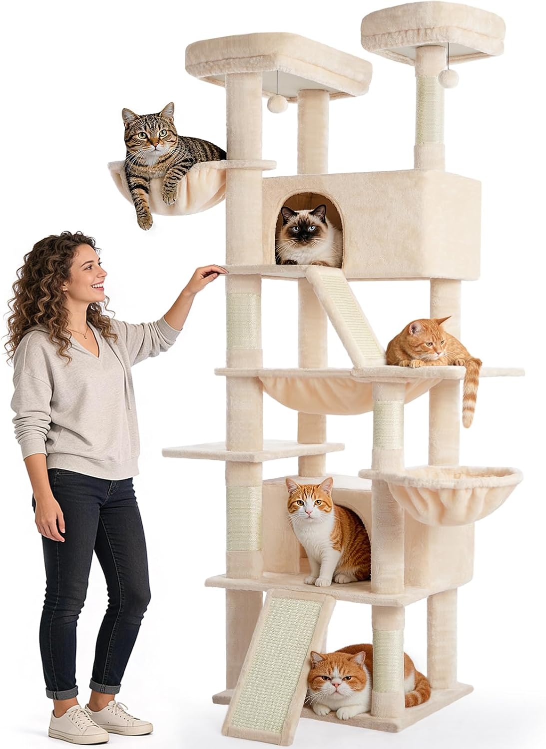 ABCPET Cat Tree 82 in Multi-Level Cat Tower for Indoor Cats, Heavy Duty Large Cat Tree with Sisal Scratching Posts, Hammock, 2 Perches, 2 Condos, 2 Hanging Baskets, Beige