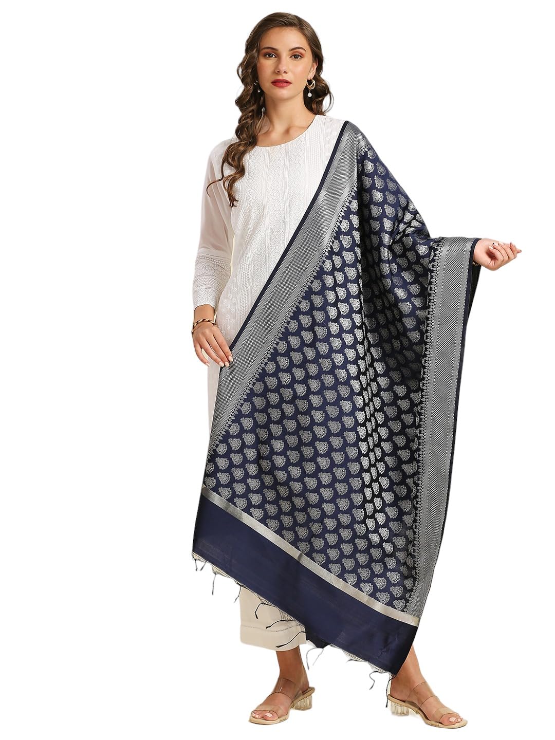 dupatta bazaar Women's Navy Blue & Silver Banarasi Silk Dupatta-picture-29