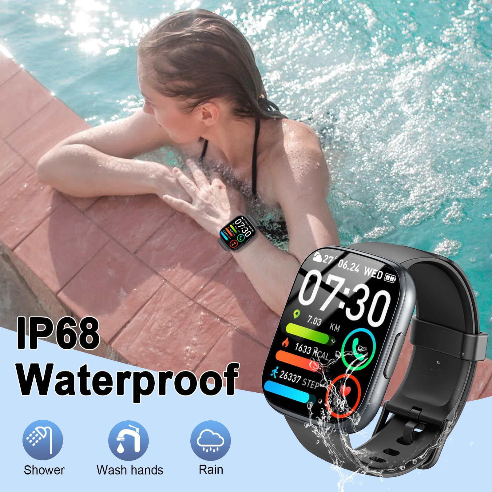 Poounur Smartwatch Uomo Donna con Effettua o Risposta Chiamate, 1.95" Orologio Smartwatch Contapassi/Cardiofrequenzimetro/Sonno, 110+ Modalità Sportivo Fitness Tracker, IP68 Smart Watch Android iOS