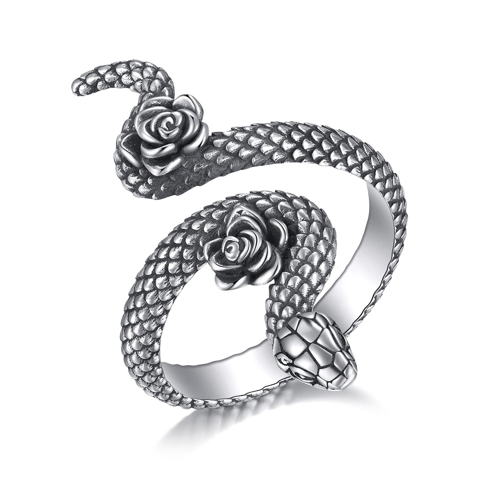 DAYLINLOVE Anillo de serpiente de plata de ley 925 con rosa gótica, ajustable, anillo abierto para el pulgar, joyería gótica, regalo para mujeres y niñas