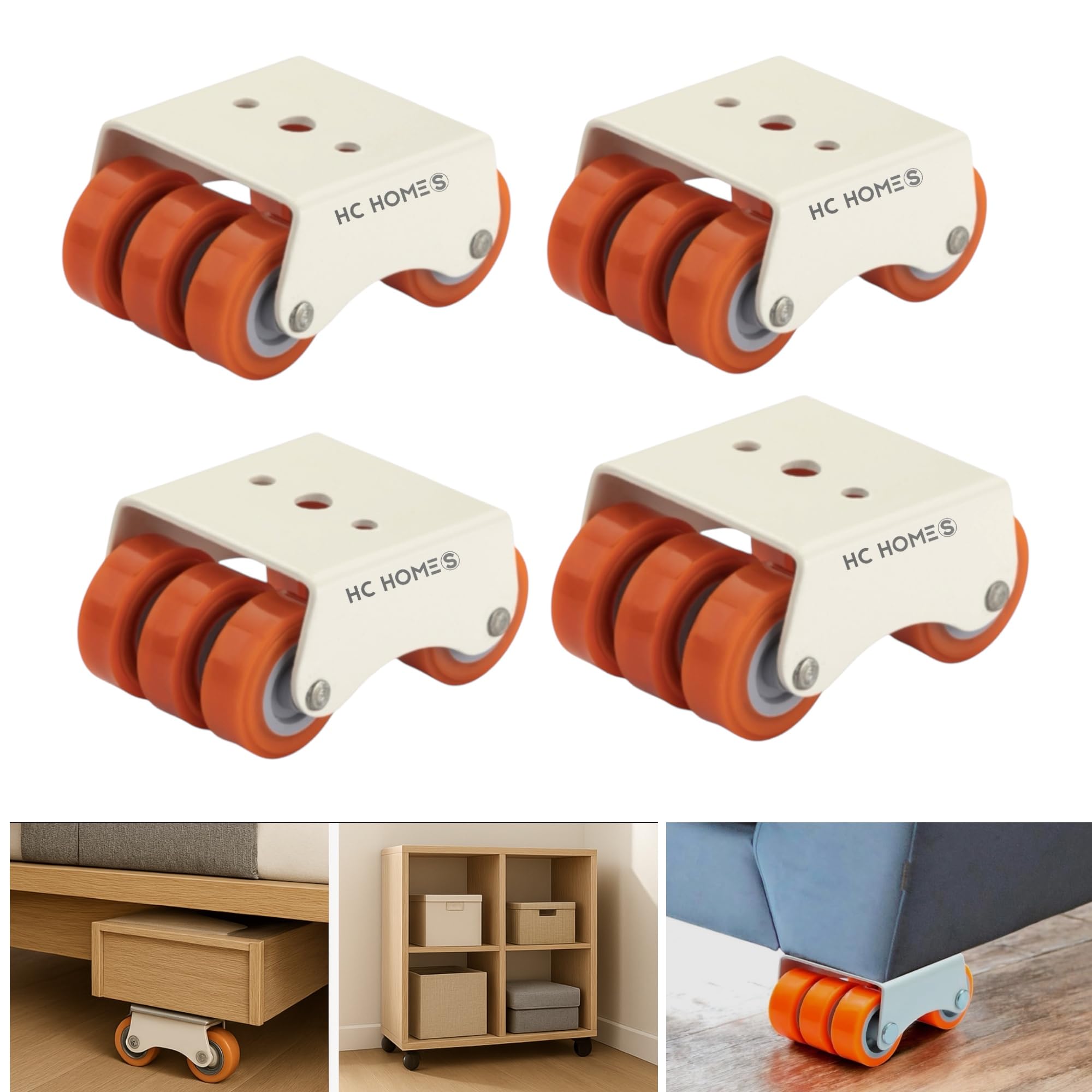HC Homes 6-Wheel Furniture Caster Heavy Duty 14-Gauge Roller for Under-Bed Storage, Drawers, Sofas & Modular Units 300KG Load Capacity, Smooth & Silent Movement (Pack of 4)-image-44