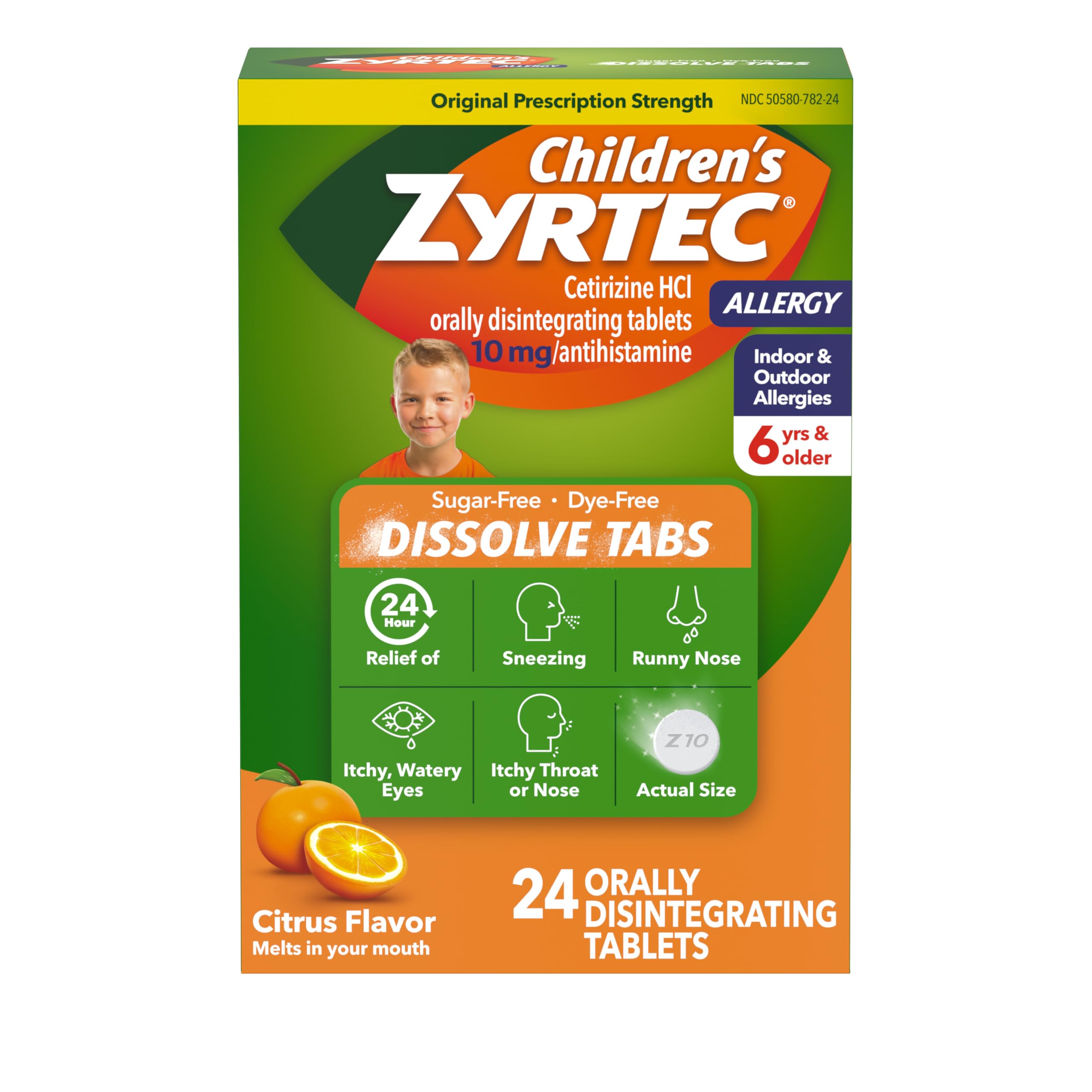 ZyrtecChildren's 24 Hour Dissolving Allergy Relief Tablets with 10 mg Cetirizine Hydrochloride Antihistamine, Dissolvable Allergy Medicine for Kids Ages 6 Years+, Citrus Flavor, 24 ct
