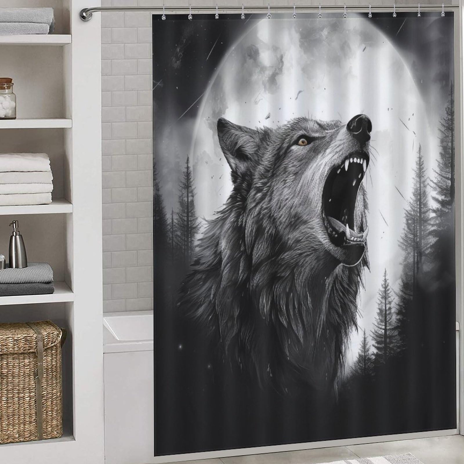 Rideau de douche loup en tissu imperméable et lavable 168x183 cm pour baignoire avec 12 crochets