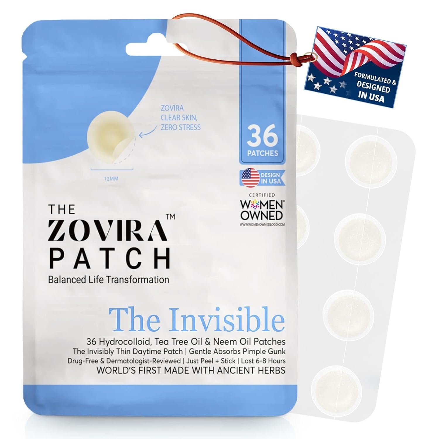 Zovira Invisible Patch-Daytime Niacinamide Salicylic Acid Tea Tree and Neem Oil Acne Pimple Patch 36ct Suitable For Sensitive