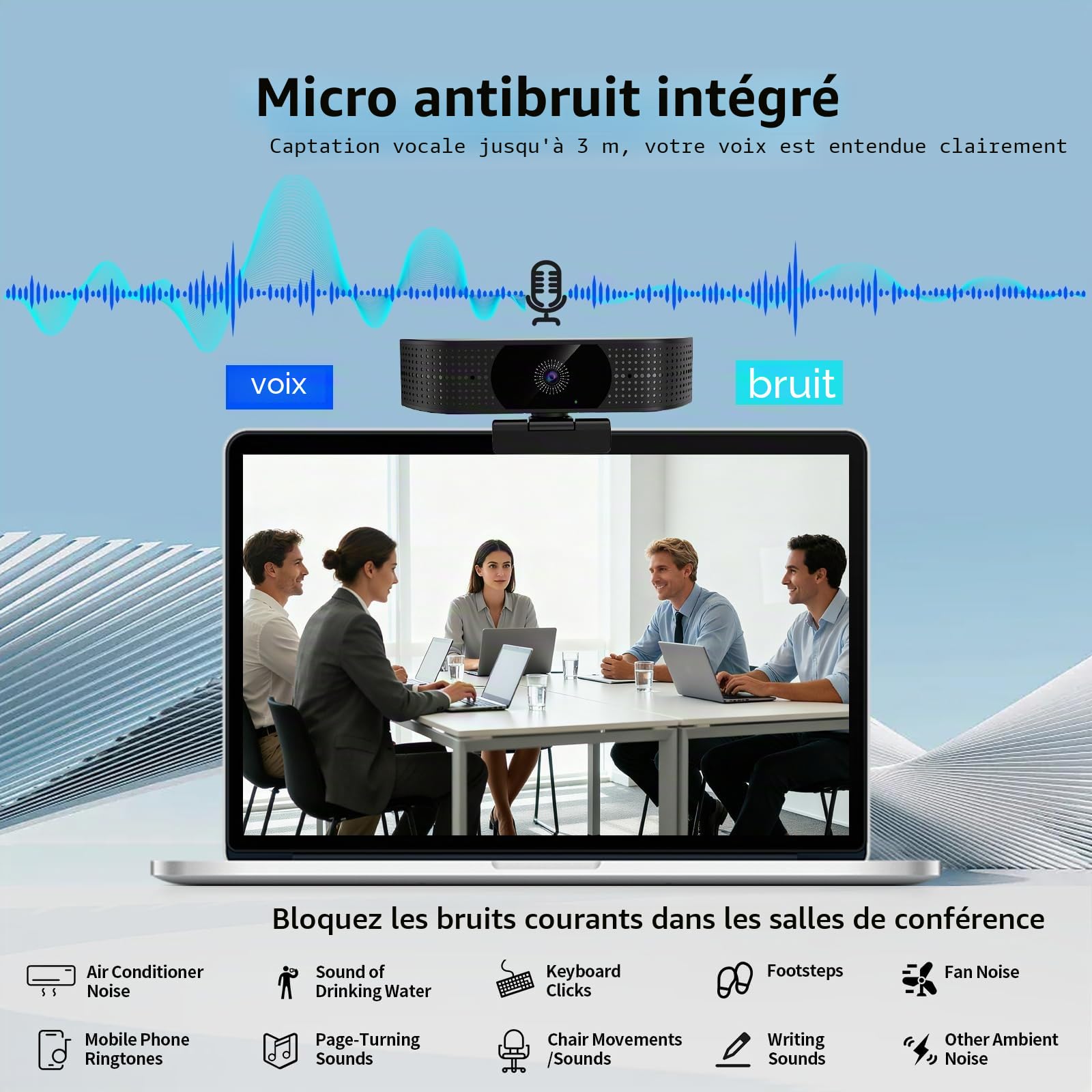 Webcam sans fil 1080p pour PC, webcam avec micro antibruit, alimentation