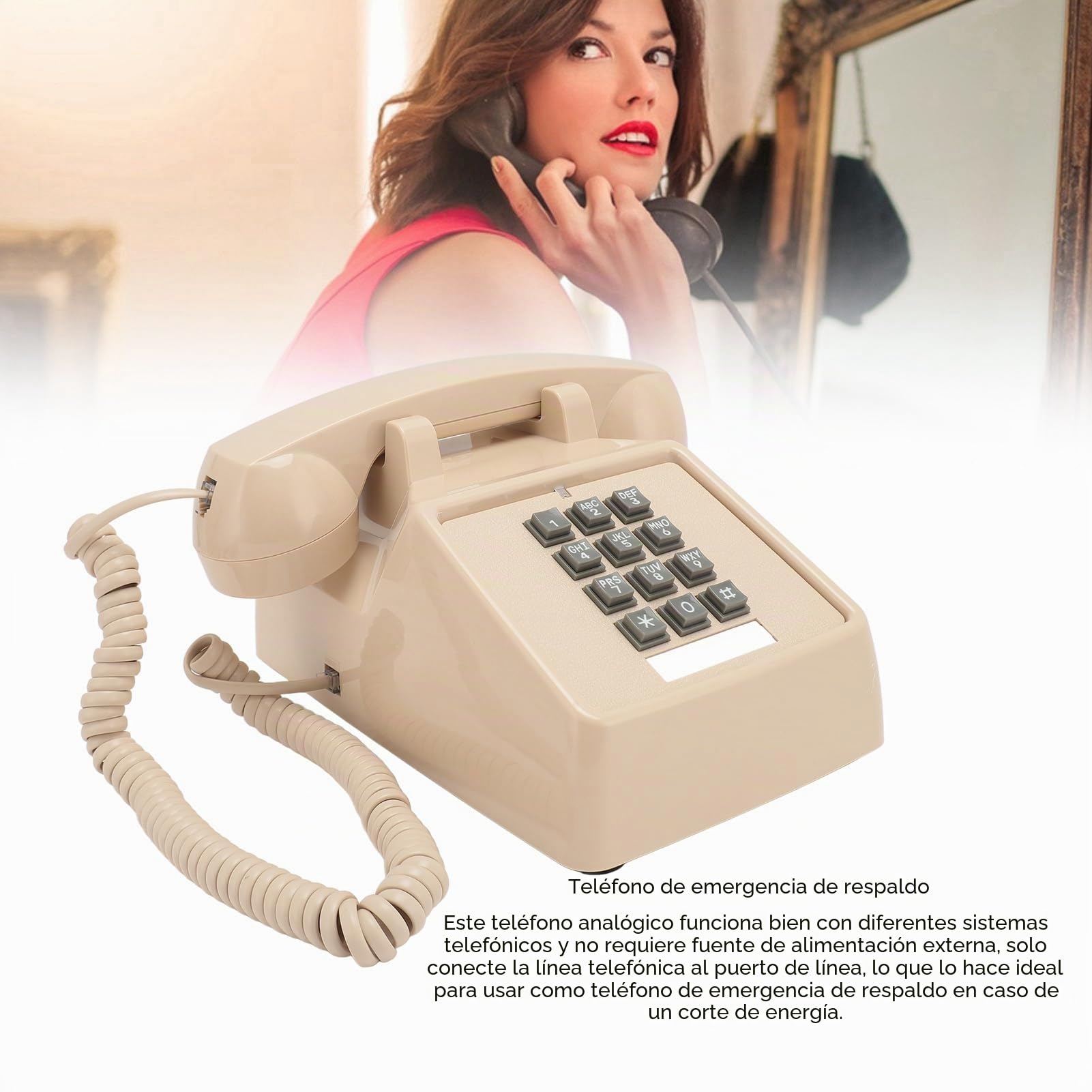 Teléfono con Cable Vintage, Teléfono Fijo Clásico Antiguo con Timbre Mecánico, Volumen Ajustable, Botón Grande, Teléfono de Escritorio Retro para el Hogar, Oficina, Escuela (Beige)