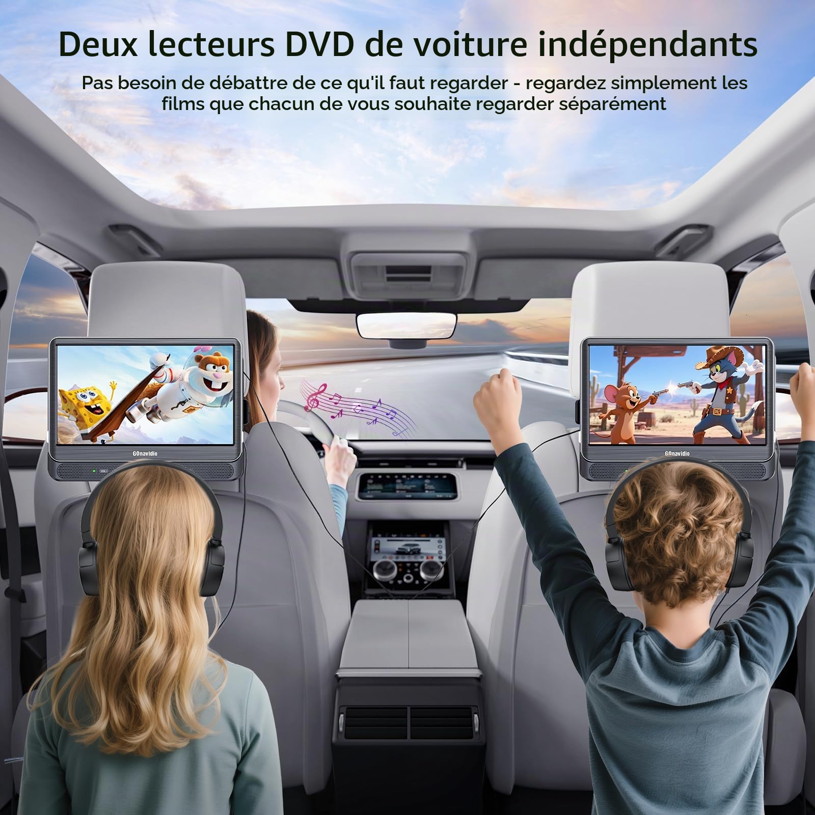 GOnavidio Double lecteur DVD de voiture avec entrée HDMI, écran TV de voiture avec écouteurs, supports de montage, support de synchronisation TV/téléphone, carte USB/TF, MP4/MKV, lecture de films