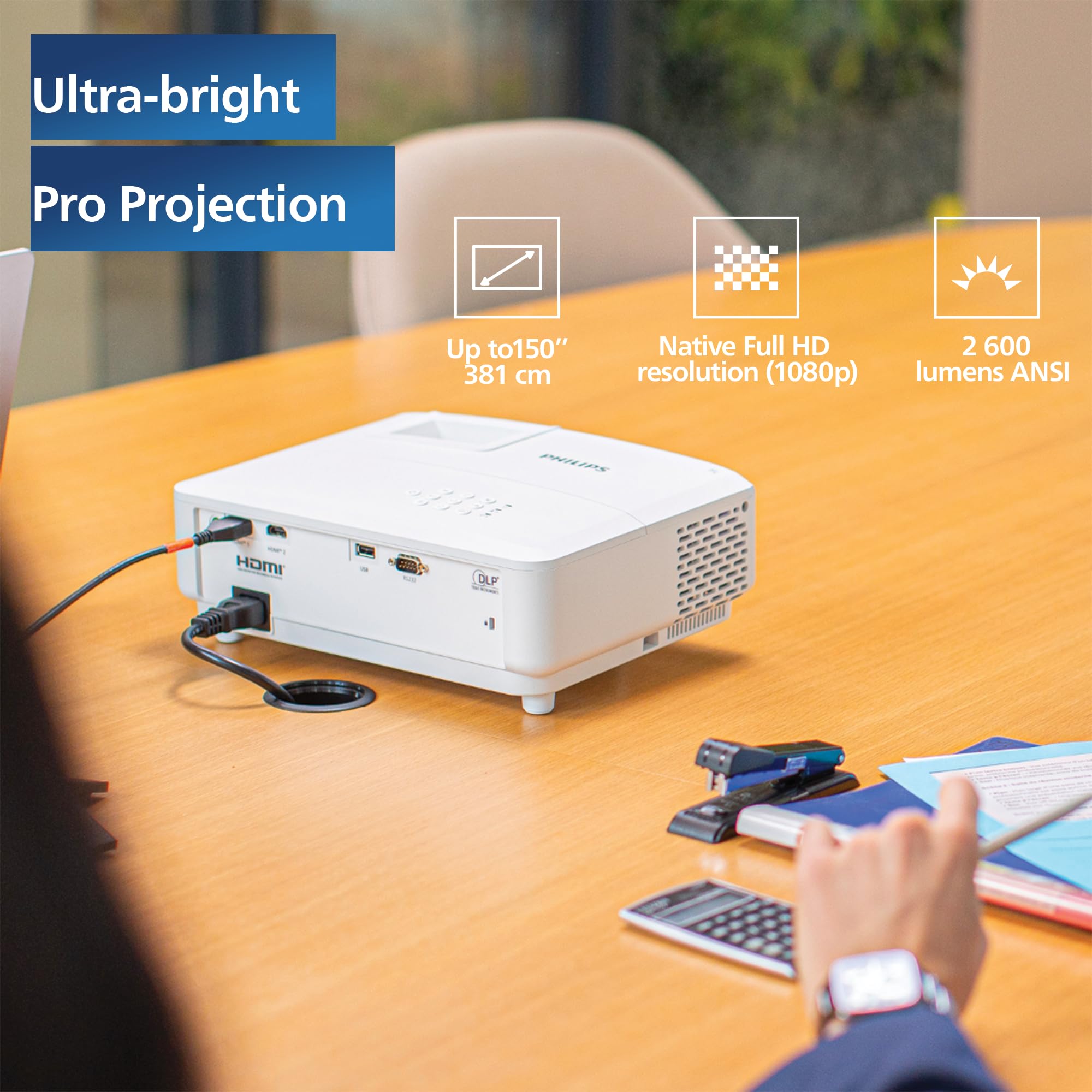 Philips, Propix 860, professional LED projector, DLP, advanced image correction, 1920 x 1080 pixels, Full HD, internal speakers with 5 W, lumen: 2600 ANSI, white