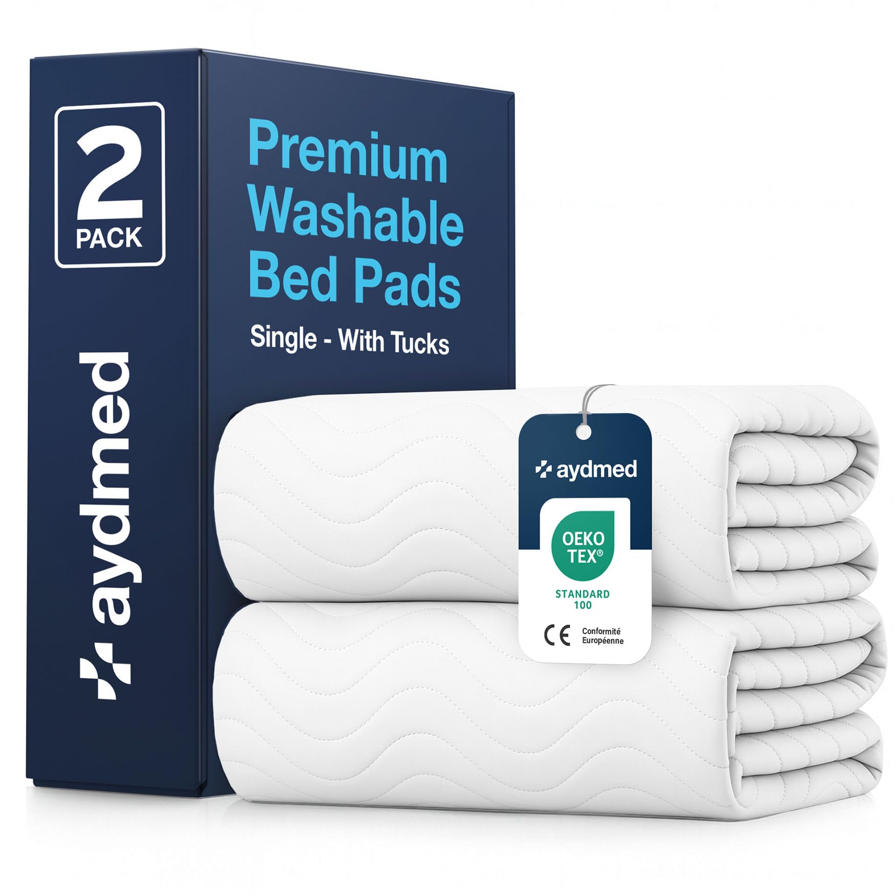 Aydmed White 2 X Premium Bamboo Washable Incontinence Bed Pads With Tucks | For Single Beds | Maximum Absorbency Kylie Sheets | Reusable Waterproof Bed Wetting Sheets For Adults, Children & Babies