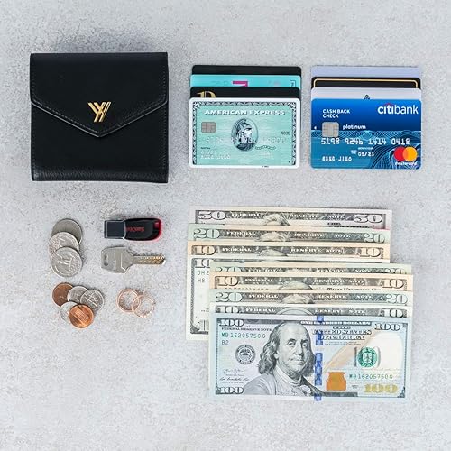 Miniatura 5 de YBONNE Cartera delgada para mujer, con bloqueo RFID, de piel auténtica, pequeña, compacta, plegable, mini, con bolsillo tipo sobre, tarjetero, Negro