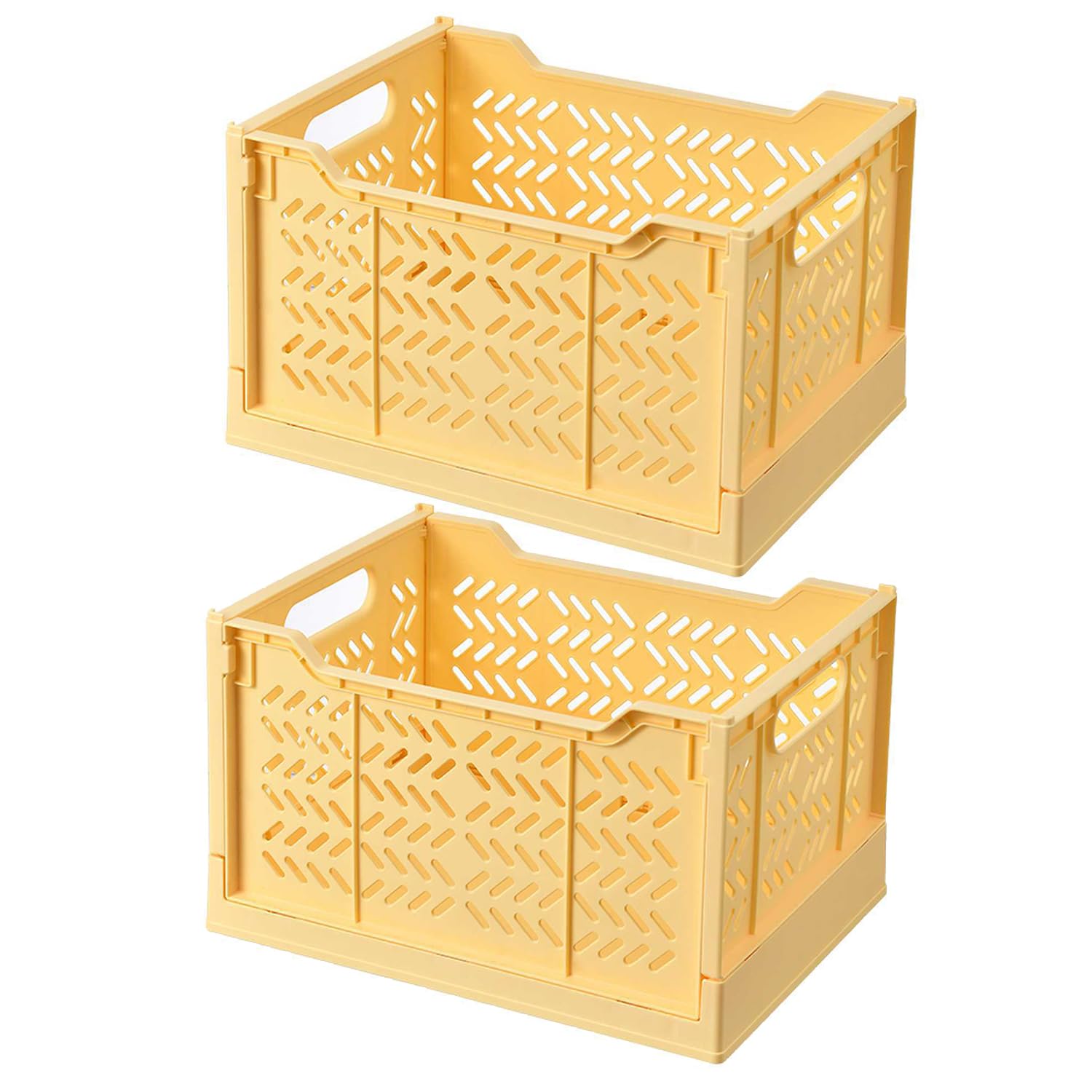 Lot de 2 Grandes Boîtes de Rangement Pliables-Caisses de Rangement en Plastique Empilables-Paniers de Rangement Pliables pour la Cuisine, le Salon, la Chambre à Coucher(Jaune)