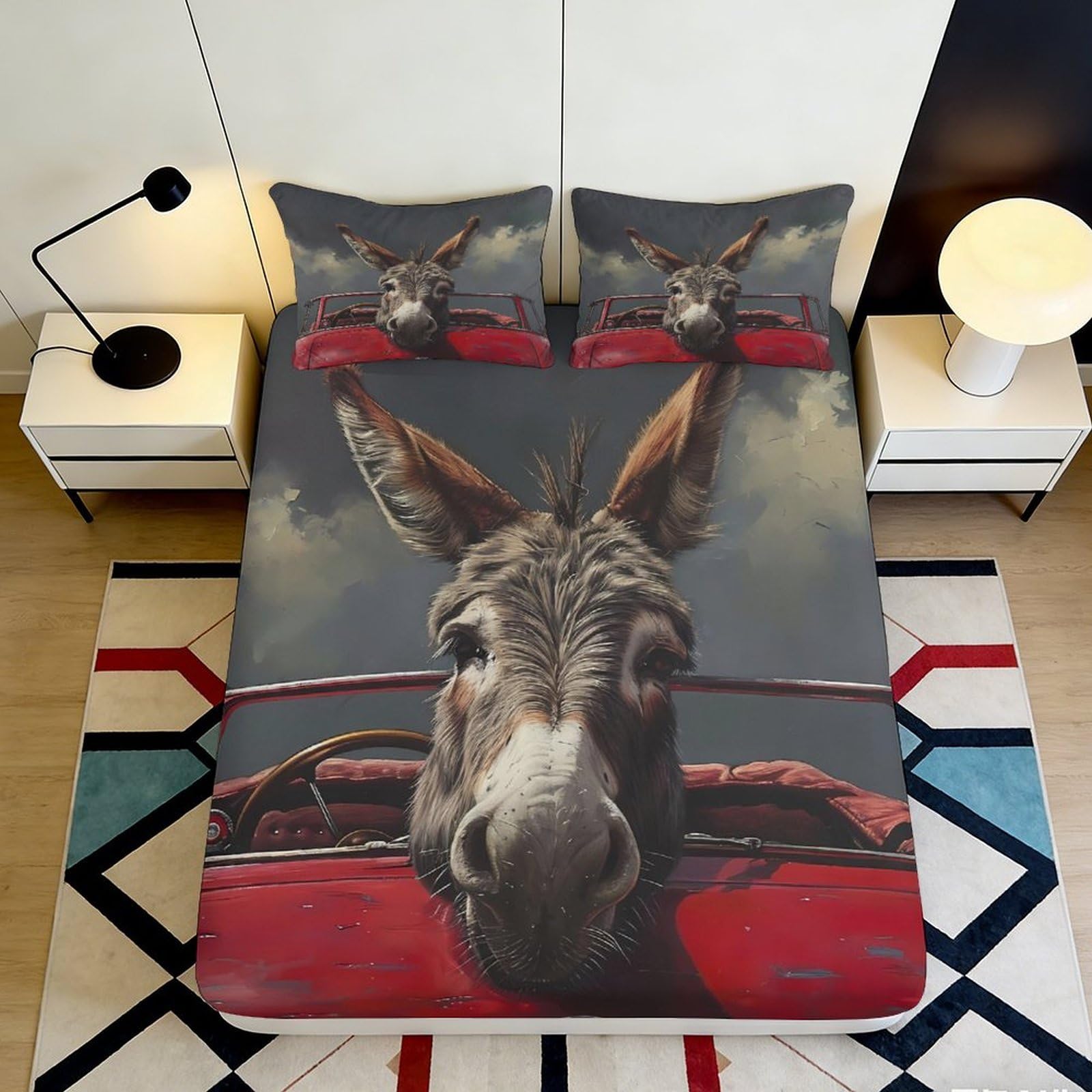 3D Printed Donkey Car Fitted Sheet Microfiber Anti-Slip Easy Care Mattress Cover for Bedroom Guest Room Décor 90x200x25cm