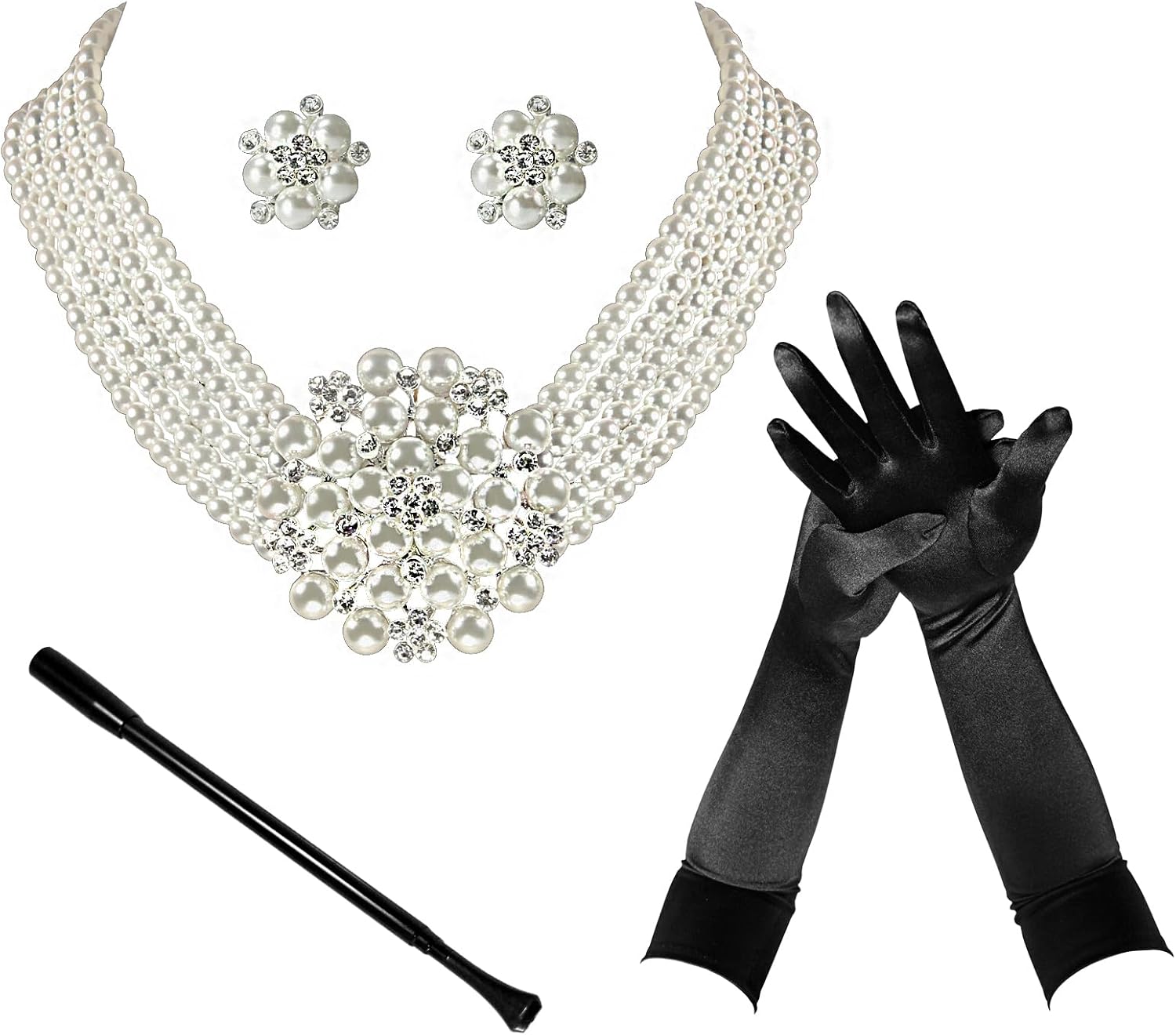 Vintage Necklace,Earrings, Long Black Holder, Black Opera Gloves 1920s Gatsby 4 piece Costume Jewelry accessories Set Audrey Hepburn Inspired Breakfast at T's