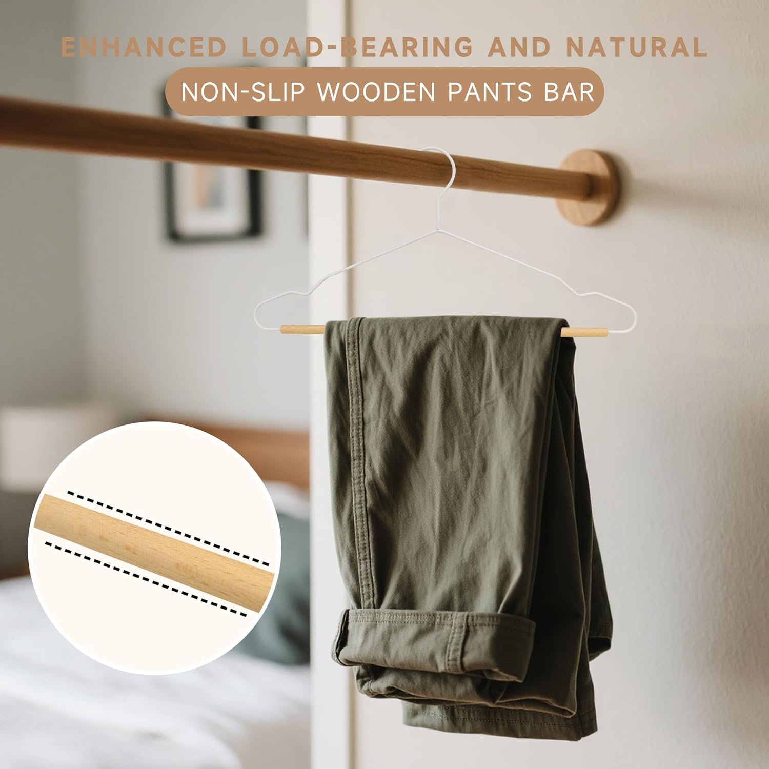 Wire Hangers with Wood Pants Bar, 24-Pack Metal Hangers with Smooth Beech Wooden Bar for Dresses, Pants, Sweaters, Jackets, and Heavy Clothes (White)