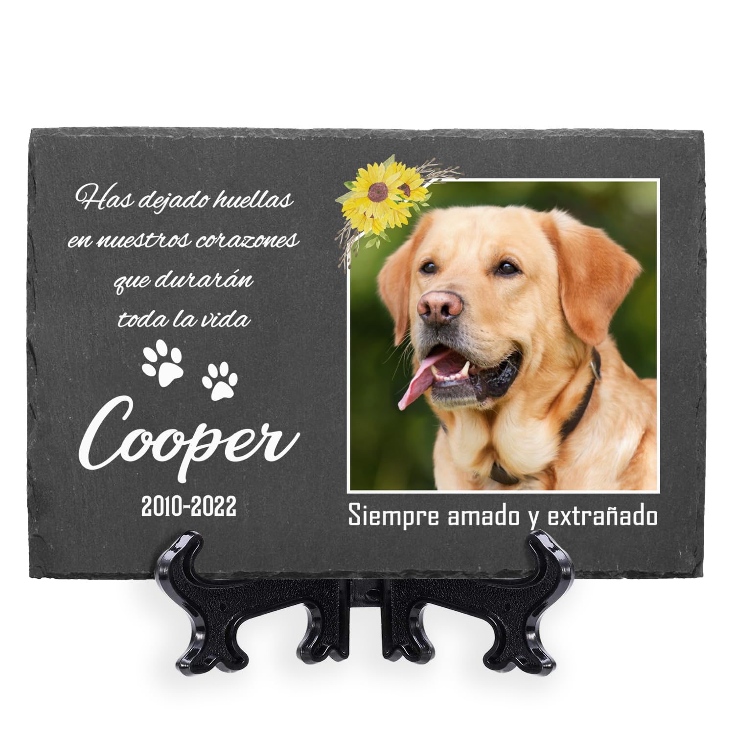 AIGAT Placa Conmemorativa Grande Personalizada de 7.8" x 11.8" / 20 x 30 cm con Nombre, Fecha, Foto y Soporte para Mascota, Gato, Perro, Pizarra, Marcador de Tumba - Girasol&Foto