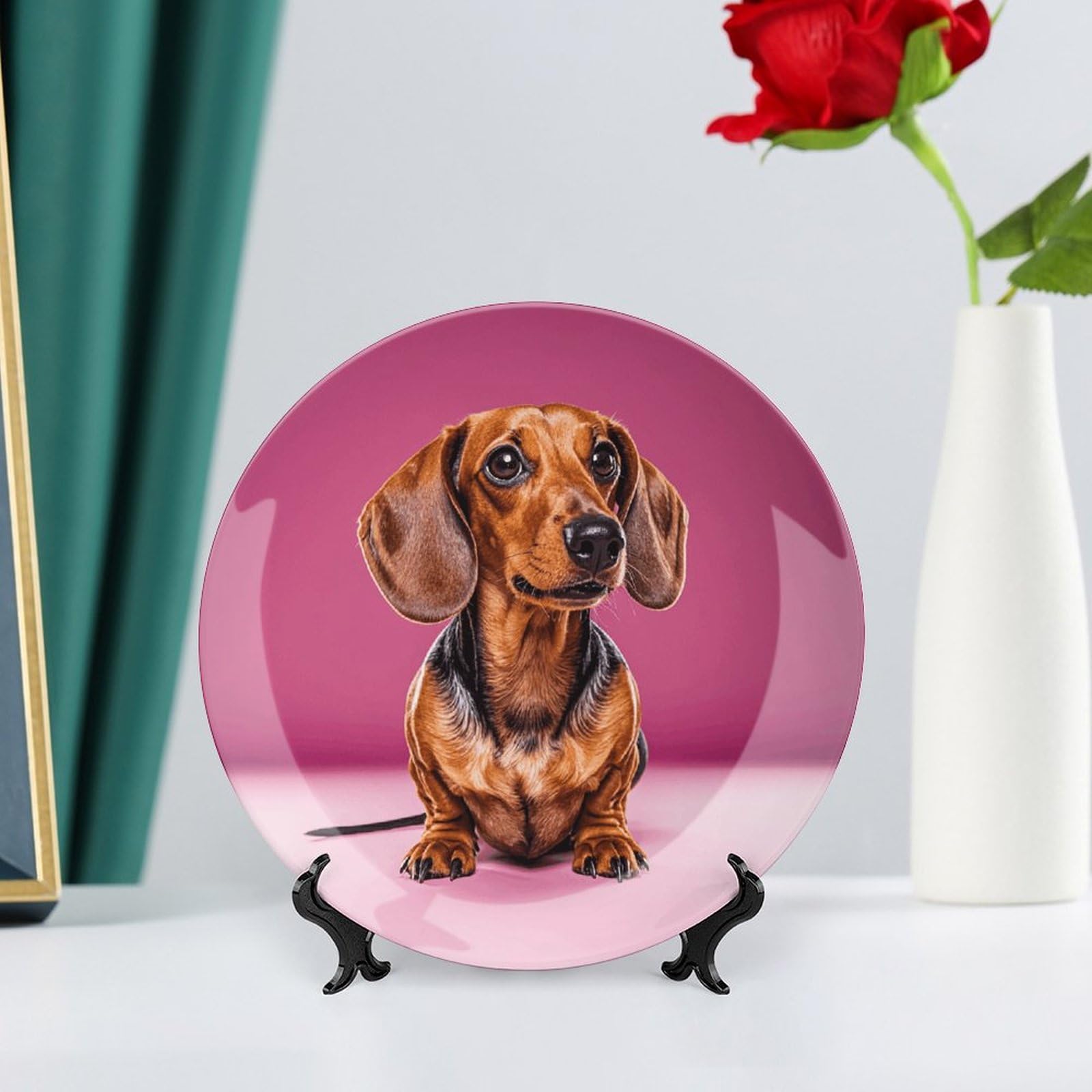 Teckel Weiner Assiette décorative en porcelaine anglaise avec support de présentation - Assiette décorative ronde en porcelaine - 20,3 cm