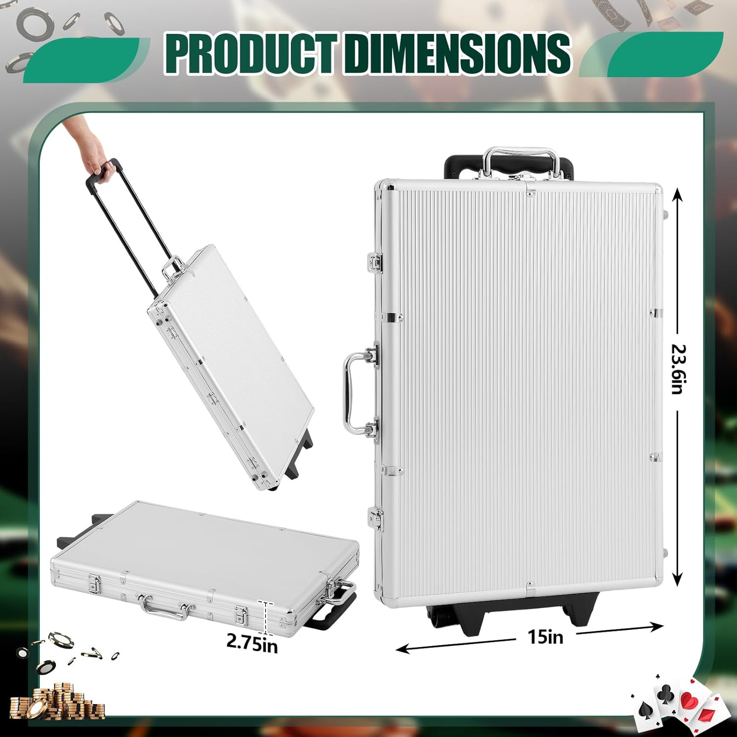 1000 Pcs Large Capacity Rolling Poker Chip Case Empty with Wheels and Telescoping Handle, 23.6" x 15" Aluminum Trolley Storage Case for Casino Tournament Travel (No Chips Included)