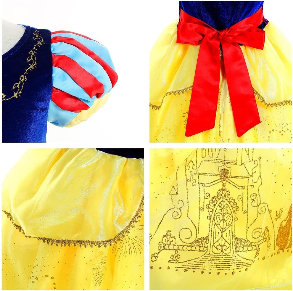 REXREII Girls Princess Snow White Costume Fancy Dress Halloween Christmas Party Birthday Evening Gown (w/Accessories)