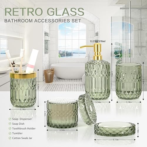 Miniatura 3 de Juego de accesorios de baño de cristal verde de alta calidad (5 piezas)  Juego de baño para el día de San Valentín, dispensador de jabón y soporte