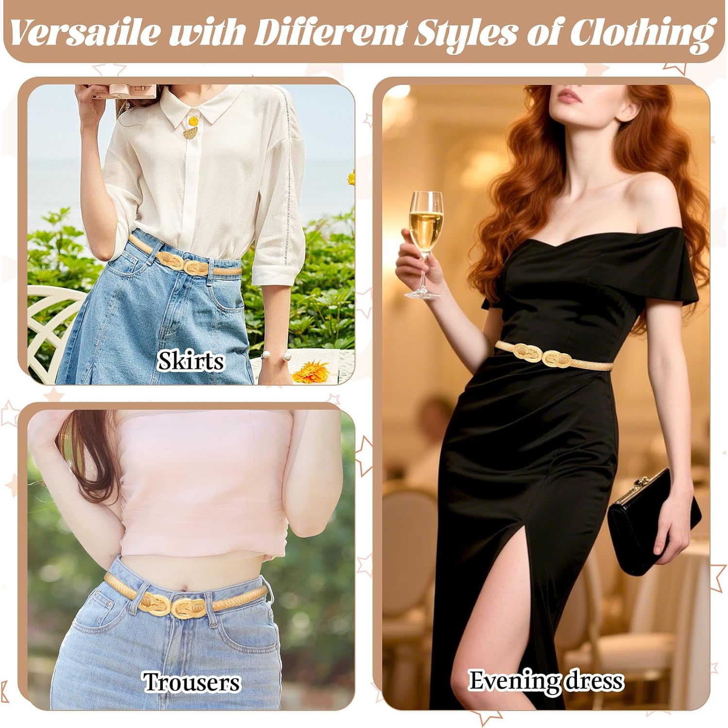 Gold Elastic Skinny Waist Belt for Women, Adjustable Fashion Waistband with Metal Buckle Thin Elastic Chain Belt for Dresses Ladies Dress Jeans Shirt