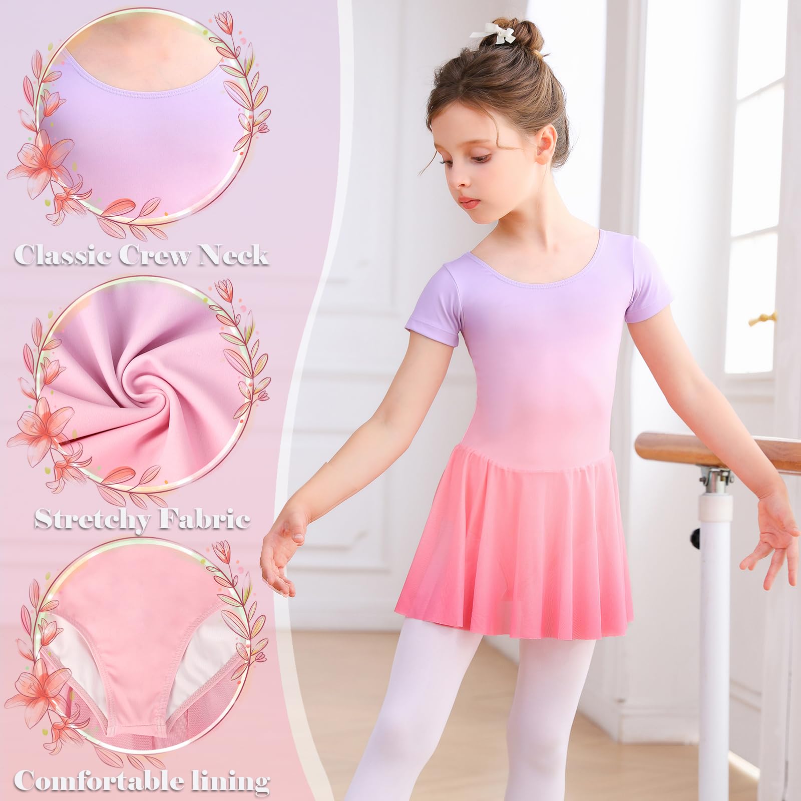 Bezioner Ballettkleidung Mädchen Ballettkleid Kinder Kurzarm Tanzkleid Gradient Ballett Trikot Ballettanzug mit Rock Rosa