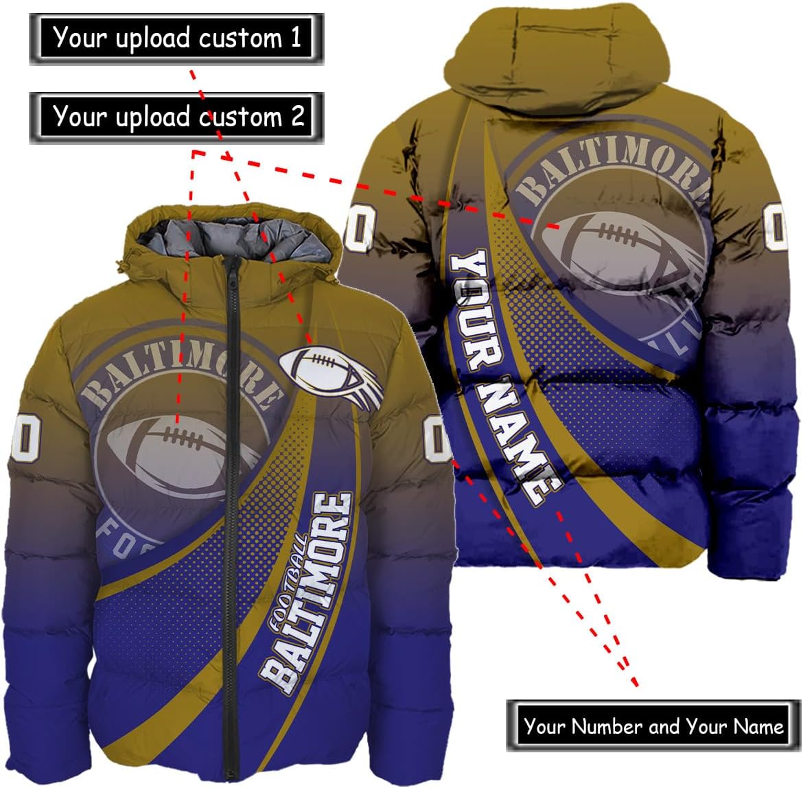 Personalized Baltimore Ravens Men's Hooded Puffer Jacket