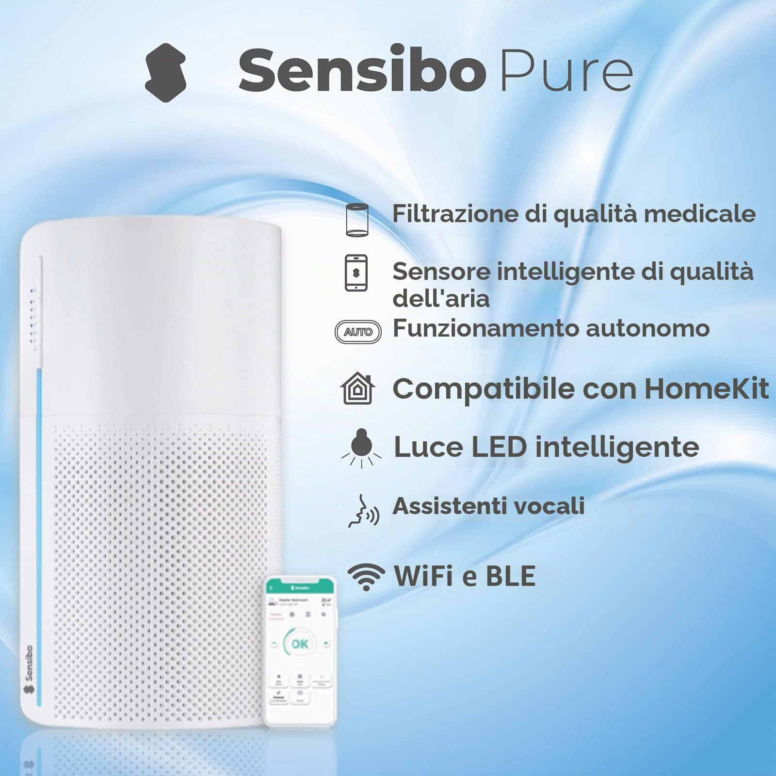 Sensibo Pure - Smart WiFi purificatore d'aria di grado medico vero filtro a carbone HEPA. Rimuove polvere, contaminanti, forfora di animali, odore. Compatibile con iOS, Android, Alexa e Google Nest