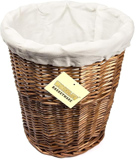 WoodLuv Round Wicker Waste Paper Bin with Cloth Lining, Brown/White