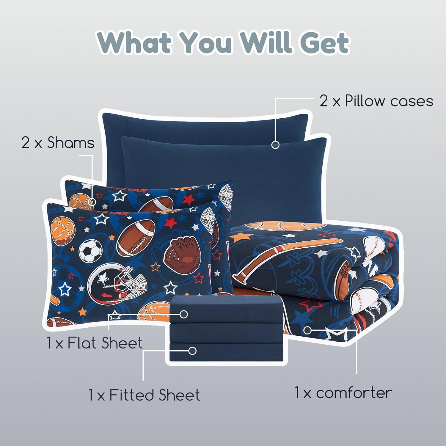Full Size Comforter Set for Boys-7 Pieces Sports Ball Games Glow in The Dark Full Bedding Sets for Kids, Ultra Soft Bed in A Bag with Sheets - Image 9