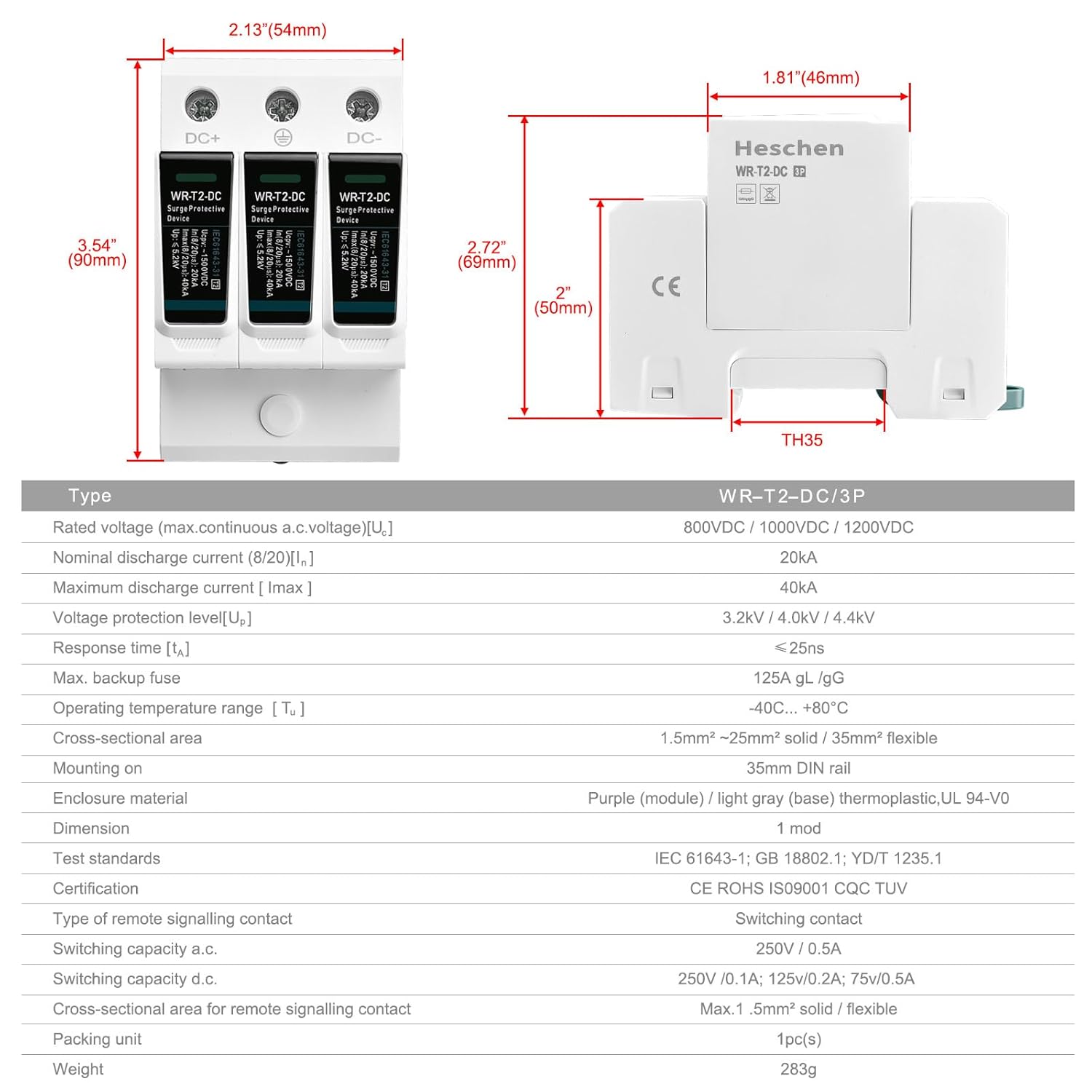 Heschen WR-T2-DC 3P 1500V DC 20KA Type T2 Fire Retardant DC Surge Protector 35mm DIN Rail Mounted TUV CB Certified