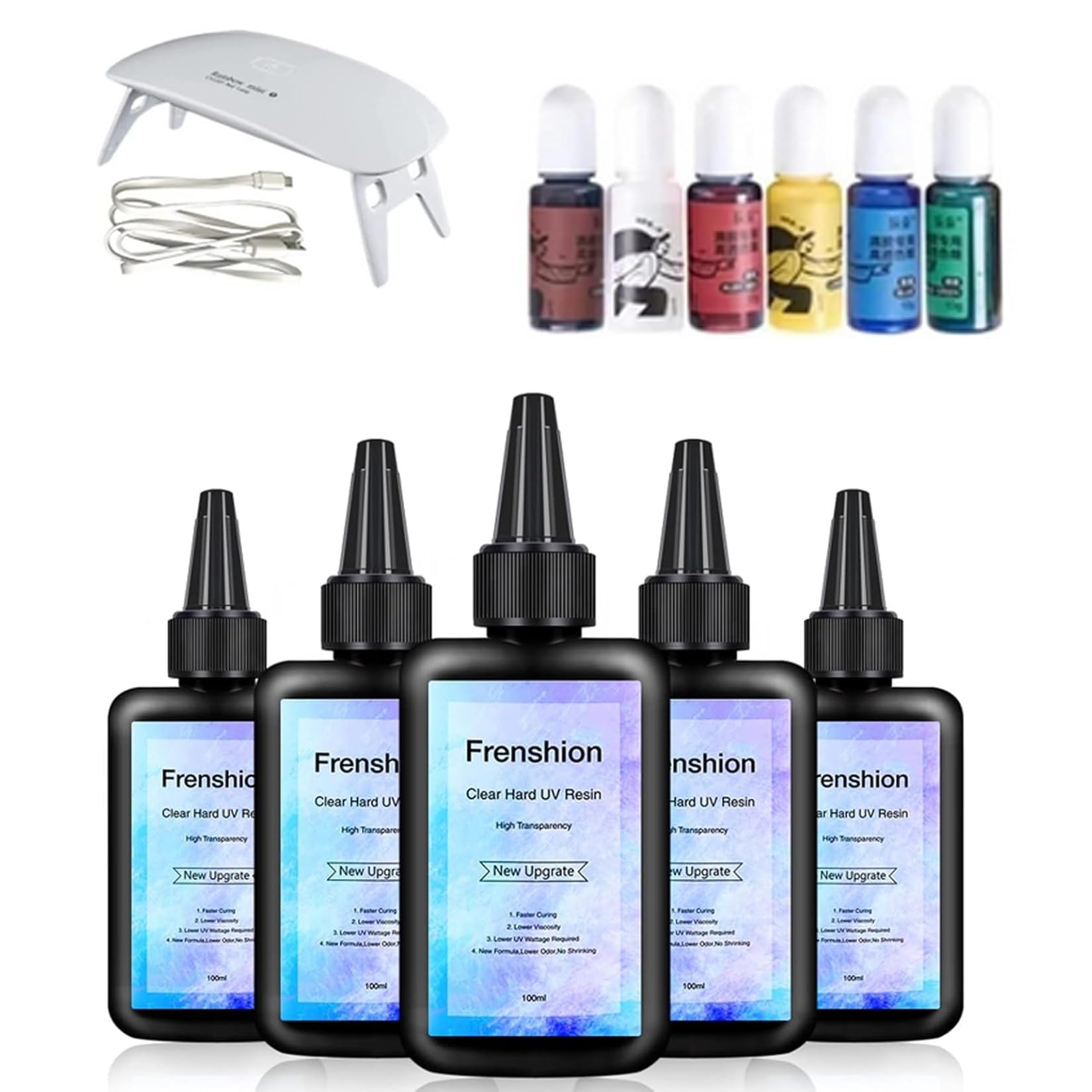 Lampa z żywicy UV w zestawie - 5 x 100 ml ulepszenie I Minute Quick Cure! Twardy typ krystalicznie czysta żywica epoksydowa, klej UV utwardzanie ultrafioletowe, utwardzana energią słoneczną aktywowana światłem słonecznym przezroczysty klej + 15 kolorowych